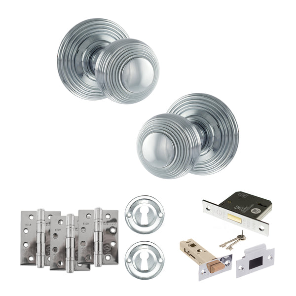 Old English Ripon Door Knob Pack (Lock Set - 3" Latch & Deadlock, 4" Fire Rated Hinges x3) by Atlantic Hardware