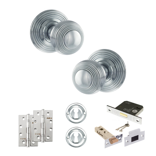 Old English Ripon Door Knob Pack (Lock Set - 3" Latch & Deadlock, 4" Slim Knuckle Hinges x2) by Atlantic Hardware
