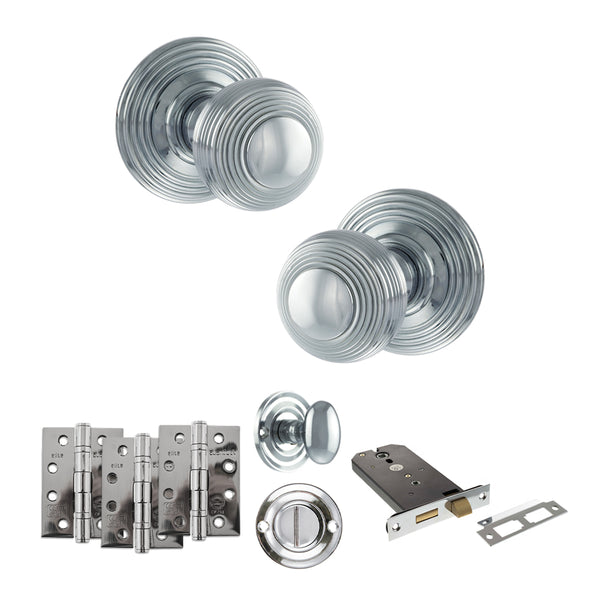 Old English Ripon Door Knob Pack (Lock Set - Horizontal Bathlock, 4" Fire Rated Hinges x3) by Atlantic Hardware
