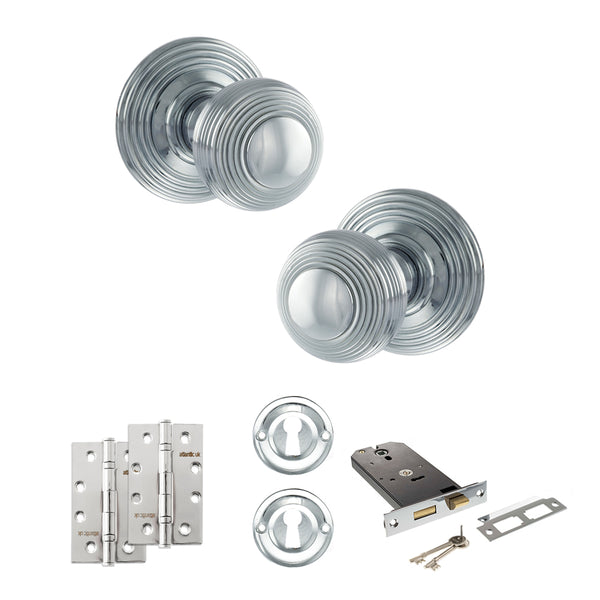 Old English Ripon Door Knob Pack (Lock Set - Horizontal Sashlock, 4" Slim Knuckle Hinges x2) by Atlantic Hardware