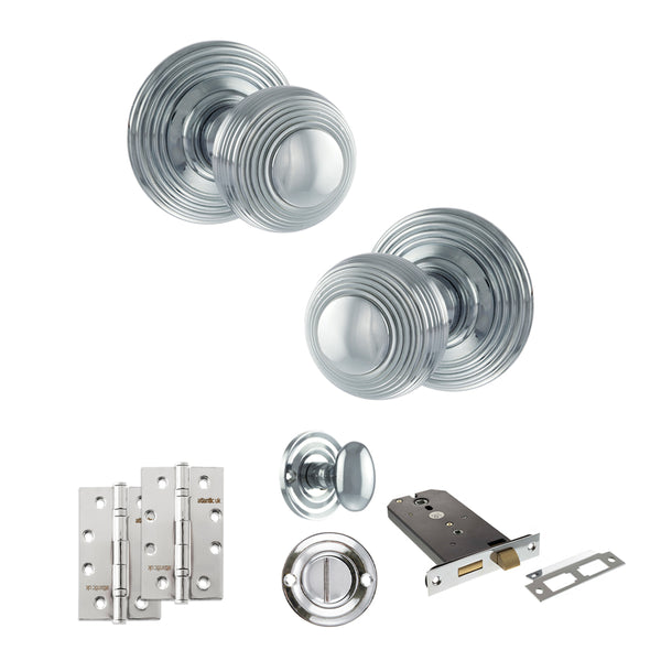 Old English Ripon Door Knob Pack (Lock Set - Horizontal Bathlock, 4" Slim Knuckle Hinges x2) by Atlantic Hardware