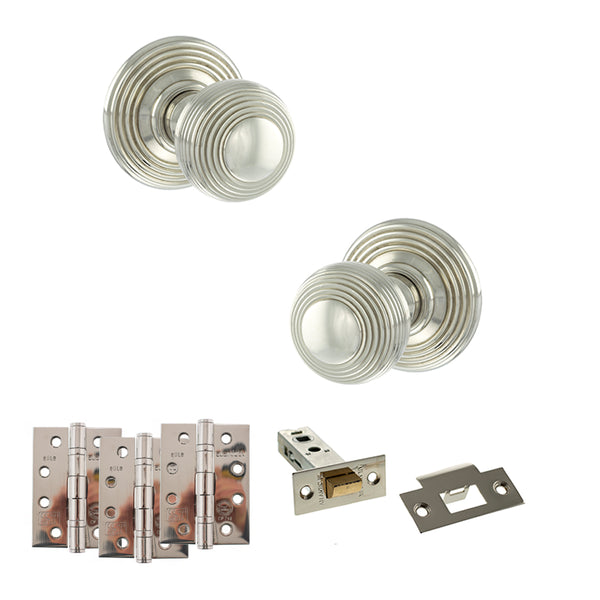 Old English Ripon Door Knob Pack (Latch Set - 4" HD Latch, 4" Fire Rated Hinges x3) by Atlantic Hardware