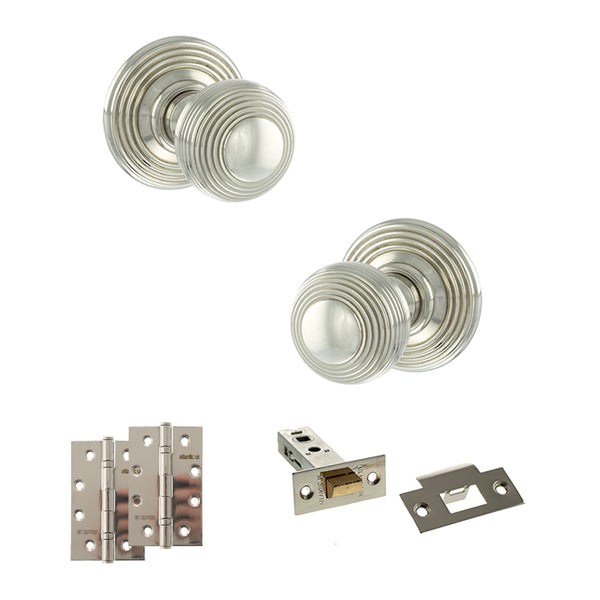Old English Ripon Door Knob Pack (Latch Set - 4" HD Latch, 4" Slim Knuckle Hinges x2) by Atlantic Hardware