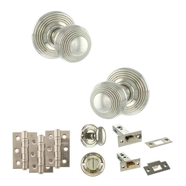 Old English Ripon Door Knob Pack (Bathroom Set - 4" Deadbolt, 3" Fire Rated Hinges x3) by Atlantic Hardware