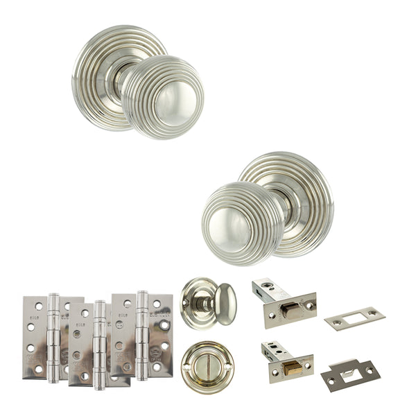 Old English Ripon Door Knob Pack (Bathroom Set - 3" Deadbolt, 4" Fire Rated Hinges x3) by Atlantic Hardware