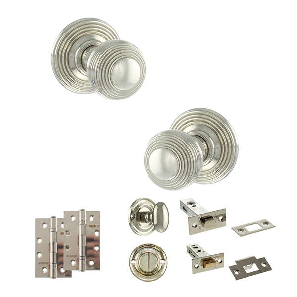 Old English Ripon Door Knob Pack (Bathroom Set - 3" Deadbolt, 4" Slim Knuckle Hinges x2) by Atlantic Hardware