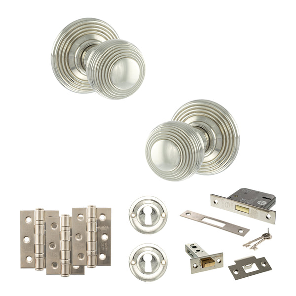 Old English Ripon Door Knob Pack (Lock Set - 3" Latch & Deadlock, 4" Fire Rated Hinges x3) by Atlantic Hardware