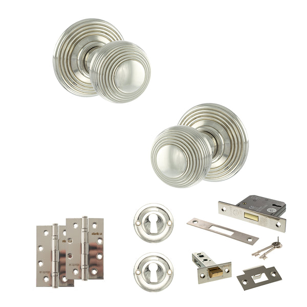 Old English Ripon Door Knob Pack (Lock Set - 3" Latch & Deadlock, 4" Slim Knuckle Hinges x2) by Atlantic Hardware