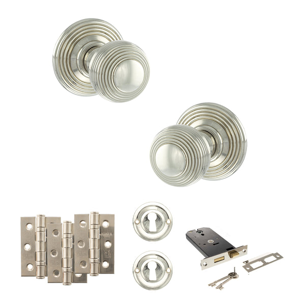 Old English Ripon Door Knob Pack (Lock Set - Horizontal Sashlock, 3" Fire Rated Hinges x3) by Atlantic Hardware
