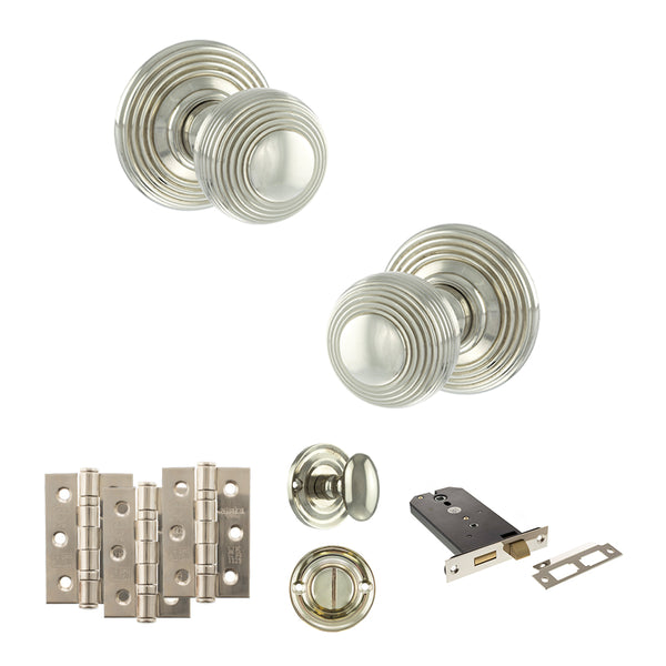 Old English Ripon Door Knob Pack (Lock Set - Horizontal Bathlock, 3" Fire Rated Hinges x3) by Atlantic Hardware