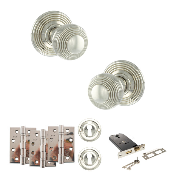 Old English Ripon Door Knob Pack (Lock Set - Horizontal Sashlock, 4" Fire Rated Hinges x3) by Atlantic Hardware