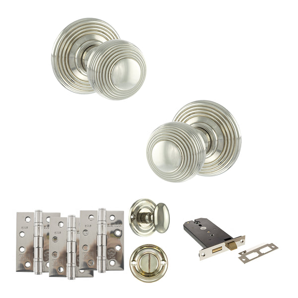 Old English Ripon Door Knob Pack (Lock Set - Horizontal Bathlock, 4" Fire Rated Hinges x3) by Atlantic Hardware