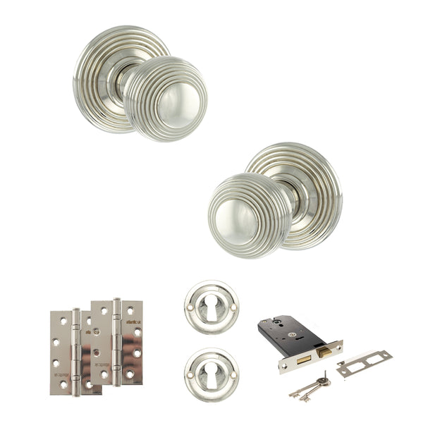 Old English Ripon Door Knob Pack (Lock Set - Horizontal Sashlock, 4" Slim Knuckle Hinges x2) by Atlantic Hardware