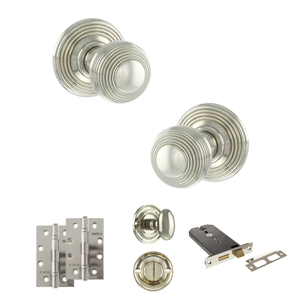 Old English Ripon Door Knob Pack (Lock Set - Horizontal Bathlock, 4" Slim Knuckle Hinges x2) by Atlantic Hardware