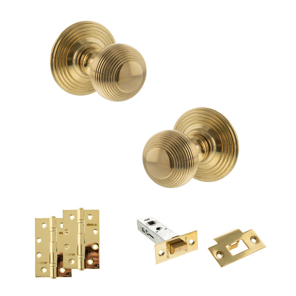 Old English Ripon Door Knob Pack (Latch Set - 3" HD Latch, 4" Slim Knuckle Hinges x2) by Atlantic Hardware