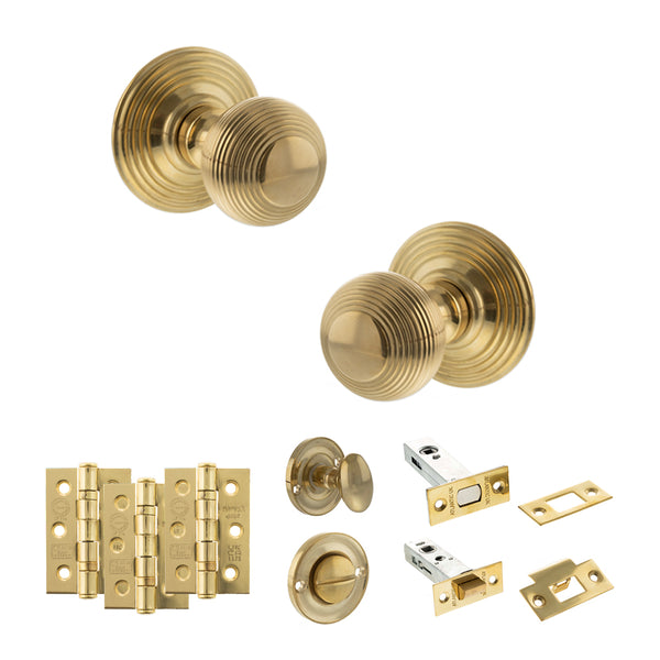 Old English Ripon Door Knob Pack (Bathroom Set - 3" Deadbolt, 3" Fire Rated Hinges x3) by Atlantic Hardware