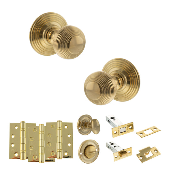 Old English Ripon Door Knob Pack (Bathroom Set - 4" Deadbolt, 4" Fire Rated Hinges x3) by Atlantic Hardware