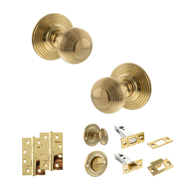 Old English Ripon Door Knob Pack (Bathroom Set - 3" Deadbolt, 4" Slim Knuckle Hinges x2) by Atlantic Hardware