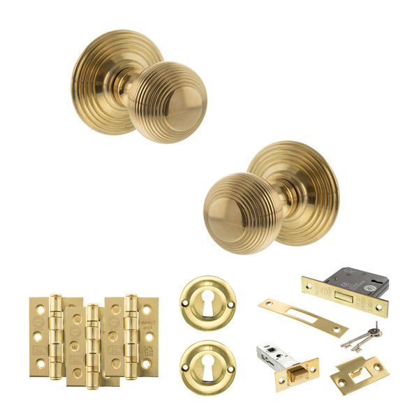 Old English Ripon Door Knob Pack (Lock Set - 3" Latch & Deadlock, 3" Fire Rated Hinges x3) by Atlantic Hardware