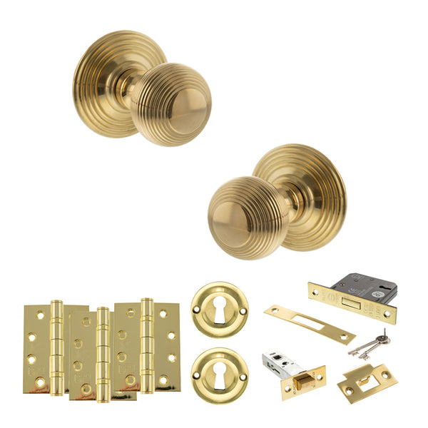 Old English Ripon Door Knob Pack (Lock Set - 3" Latch & Deadlock, 4" Fire Rated Hinges x3) by Atlantic Hardware