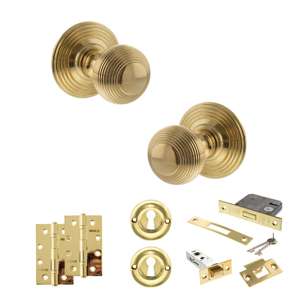 Old English Ripon Door Knob Pack (Lock Set - 3" Latch & Deadlock, 4" Slim Knuckle Hinges x2) by Atlantic Hardware