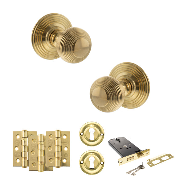 Old English Ripon Door Knob Pack (Lock Set - Horizontal Sashlock, 3" Fire Rated Hinges x3) by Atlantic Hardware