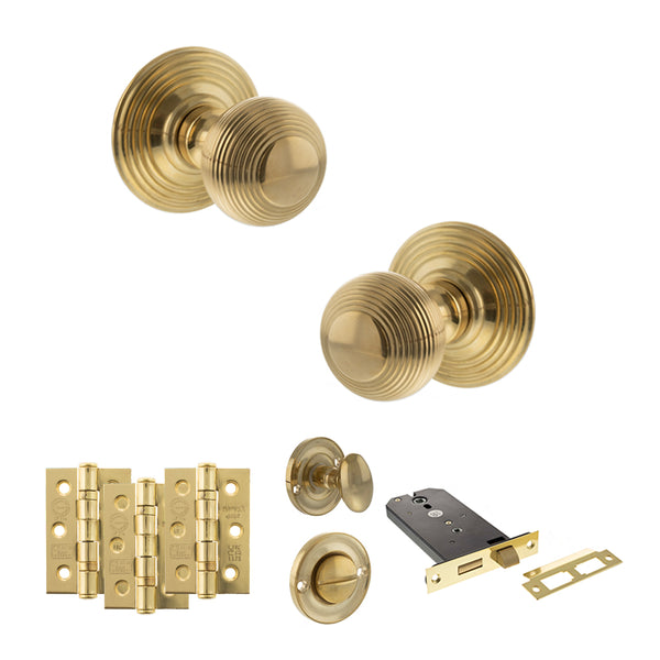 Old English Ripon Door Knob Pack (Lock Set - Horizontal Bathlock, 3" Fire Rated Hinges x3) by Atlantic Hardware