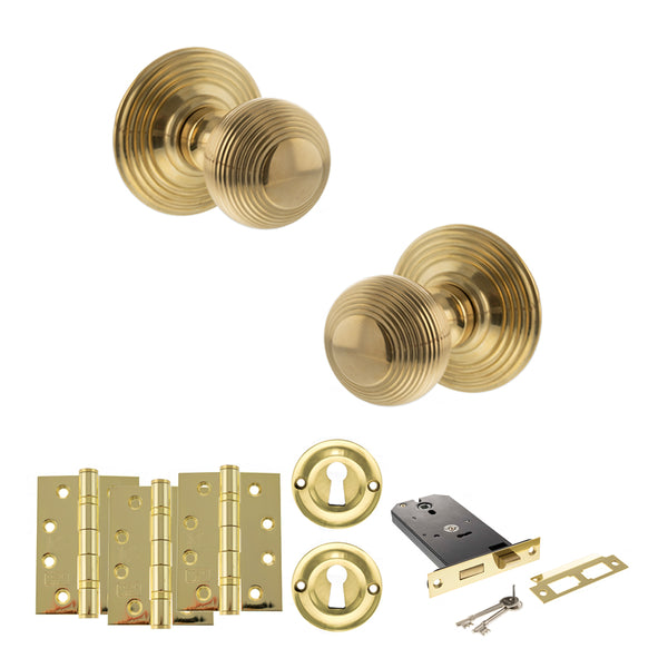 Old English Ripon Door Knob Pack (Lock Set - Horizontal Sashlock, 4" Fire Rated Hinges x3) by Atlantic Hardware
