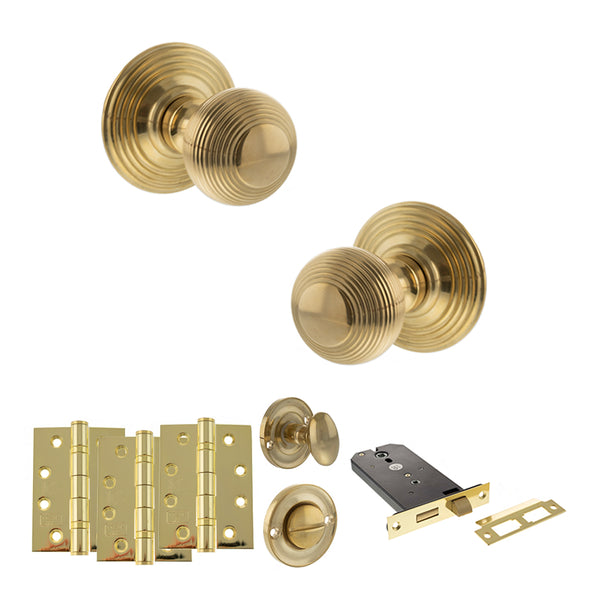 Old English Ripon Door Knob Pack (Lock Set - Horizontal Bathlock, 4" Fire Rated Hinges x3) by Atlantic Hardware