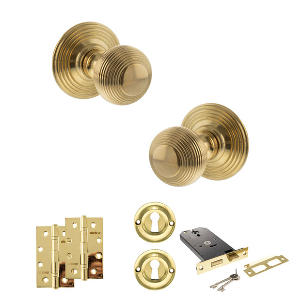 Old English Ripon Door Knob Pack (Lock Set - Horizontal Sashlock, 4" Slim Knuckle Hinges x2) by Atlantic Hardware