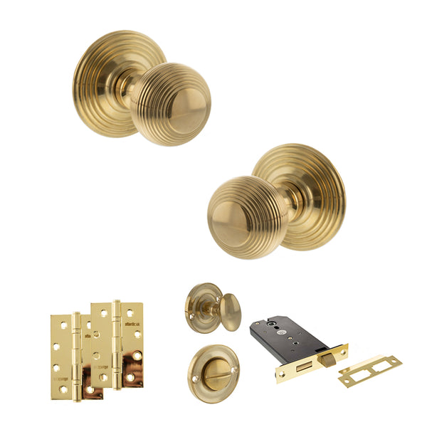 Old English Ripon Door Knob Pack (Lock Set - Horizontal Bathlock, 4" Slim Knuckle Hinges x2) by Atlantic Hardware