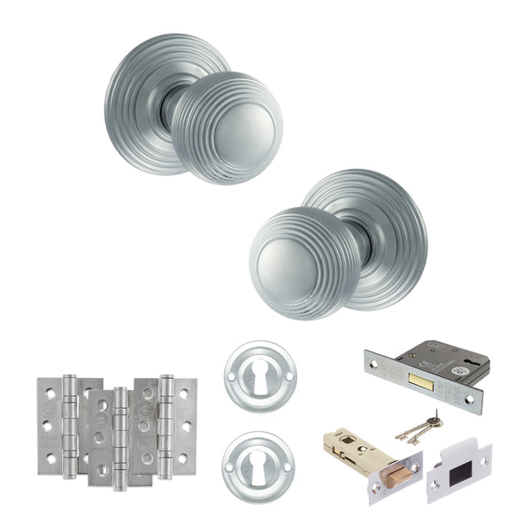 Old English Ripon Door Knob Pack (Lock Set - 3" Latch & Deadlock, 3" Fire Rated Hinges x3) by Atlantic Hardware