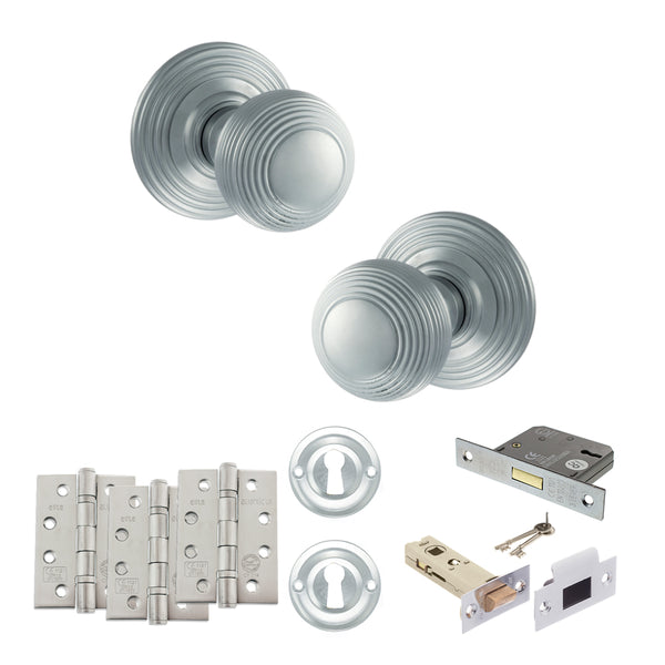 Old English Ripon Door Knob Pack (Lock Set - 3" Latch & Deadlock, 4" Fire Rated Hinges x3) by Atlantic Hardware
