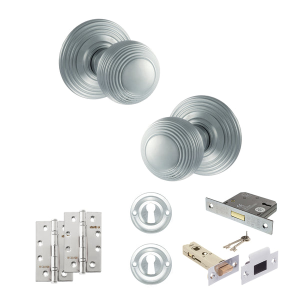 Old English Ripon Door Knob Pack (Lock Set - 3" Latch & Deadlock, 4" Slim Knuckle Hinges x2) by Atlantic Hardware