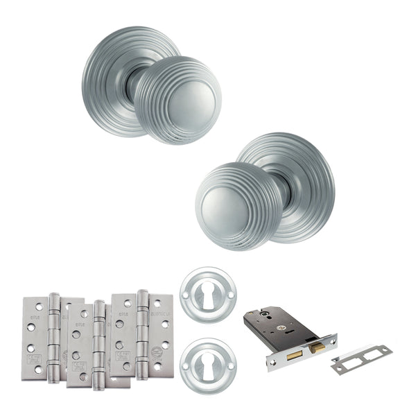 Old English Ripon Door Knob Pack (Lock Set - Horizontal Sashlock, 4" Fire Rated Hinges x3) by Atlantic Hardware