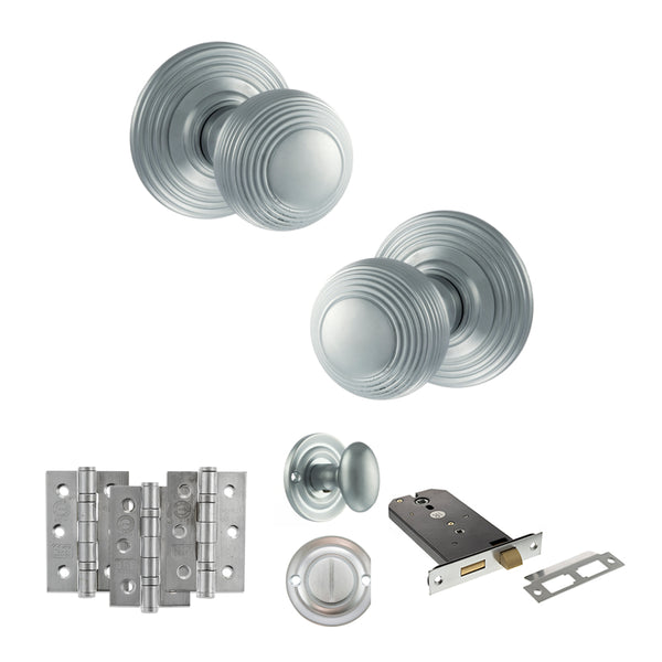 Old English Ripon Door Knob Pack (Lock Set - Horizontal Bathlock, 4" Fire Rated Hinges x3) by Atlantic Hardware