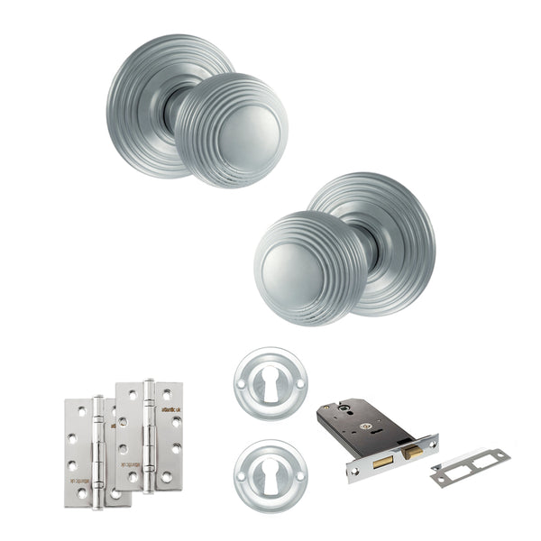Old English Ripon Door Knob Pack (Lock Set - Horizontal Sashlock, 4" Slim Knuckle Hinges x2) by Atlantic Hardware