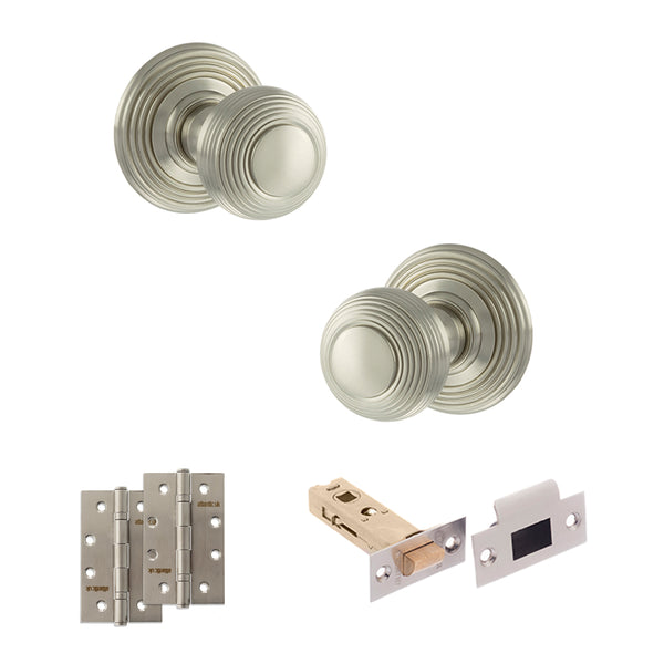 Old English Ripon Door Knob Pack (Latch Set - 3" HD Latch, 4" Slim Knuckle Hinges x2) by Atlantic Hardware