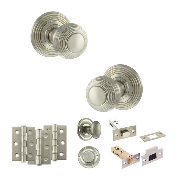 Old English Ripon Door Knob Pack (Bathroom Set - 4" Deadbolt, 3" Fire Rated Hinges x3) by Atlantic Hardware