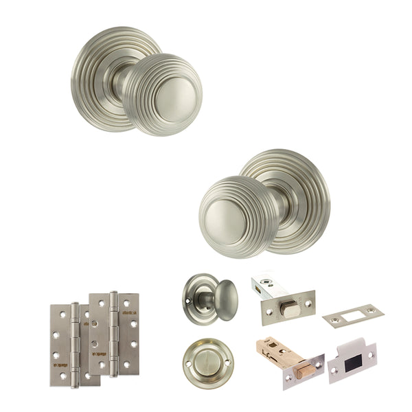 Old English Ripon Door Knob Pack (Bathroom Set - 4" Deadbolt, 4" Slim Knuckle Hinges x2) by Atlantic Hardware
