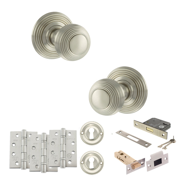 Old English Ripon Door Knob Pack (Lock Set - 3" Latch & Deadlock, 4" Fire Rated Hinges x3) by Atlantic Hardware