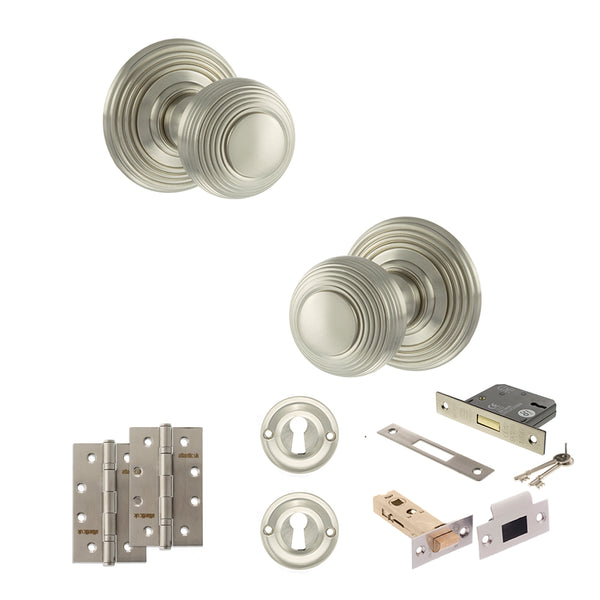 Old English Ripon Door Knob Pack (Lock Set - 3" Latch & Deadlock, 4" Slim Knuckle Hinges x2) by Atlantic Hardware