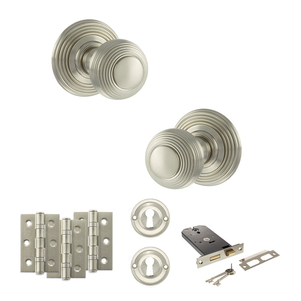 Old English Ripon Door Knob Pack (Lock Set - Horizontal Sashlock, 3" Fire Rated Hinges x3) by Atlantic Hardware