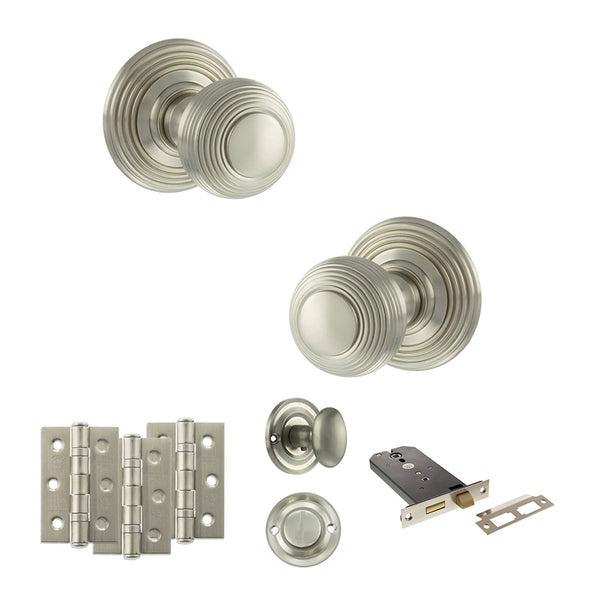 Old English Ripon Door Knob Pack (Lock Set - Horizontal Bathlock, 3" Fire Rated Hinges x3) by Atlantic Hardware