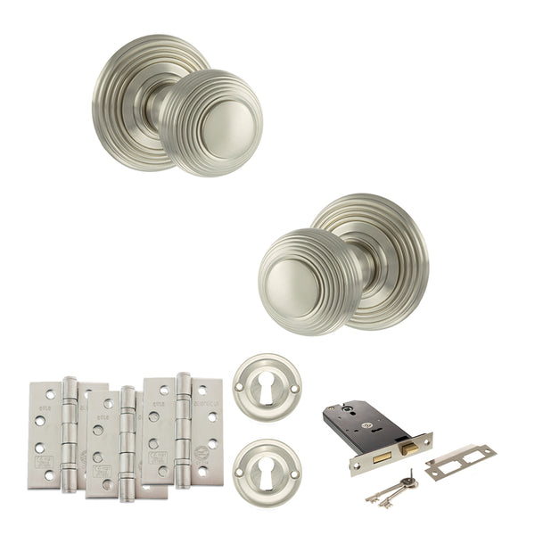 Old English Ripon Door Knob Pack (Lock Set - Horizontal Sashlock, 4" Fire Rated Hinges x3) by Atlantic Hardware