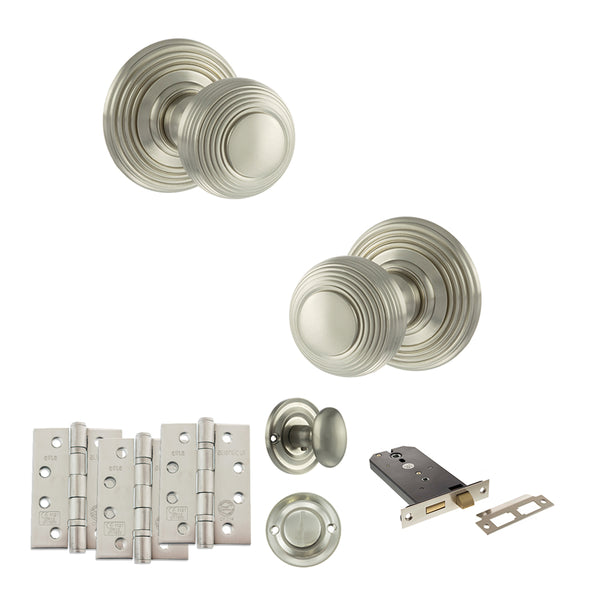 Old English Ripon Door Knob Pack (Lock Set - Horizontal Bathlock, 4" Fire Rated Hinges x3) by Atlantic Hardware