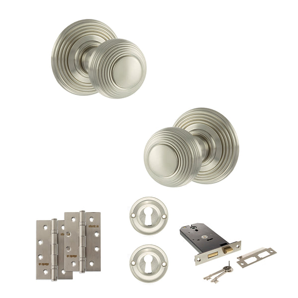 Old English Ripon Door Knob Pack (Lock Set - Horizontal Sashlock, 4" Slim Knuckle Hinges x2) by Atlantic Hardware