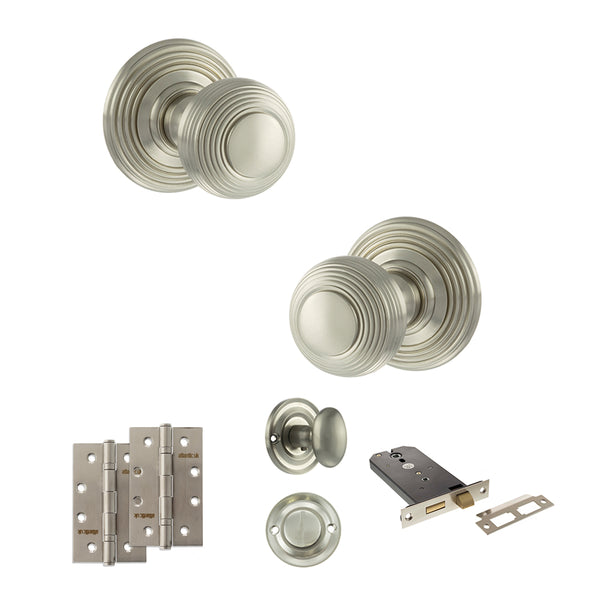 Old English Ripon Door Knob Pack (Lock Set - Horizontal Bathlock, 4" Slim Knuckle Hinges x2) by Atlantic Hardware