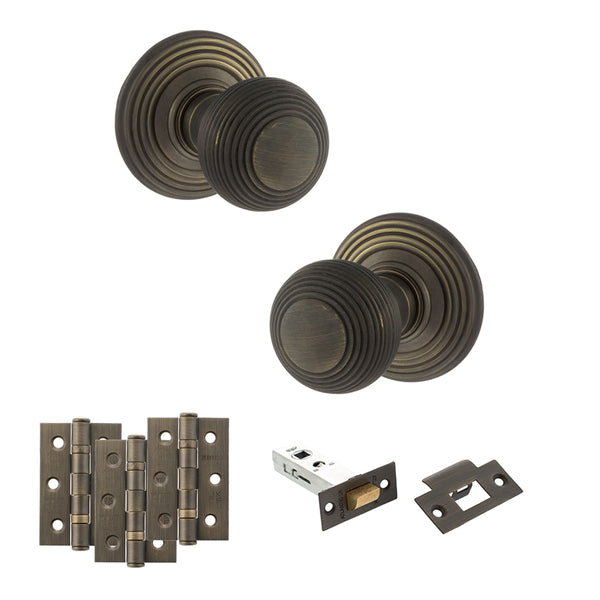 Old English Ripon Door Knob Pack (Latch Set - 3" HD Latch, 3" Fire Rated Hinges x3) by Atlantic Hardware