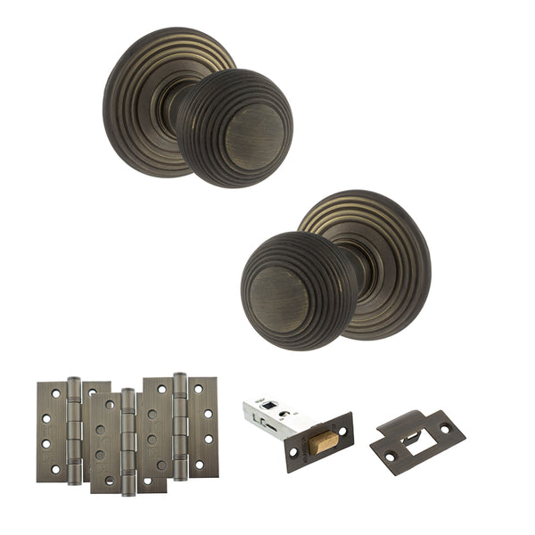 Old English Ripon Door Knob Pack (Latch Set - 3" HD Latch, 4" Fire Rated Hinges x3) by Atlantic Hardware